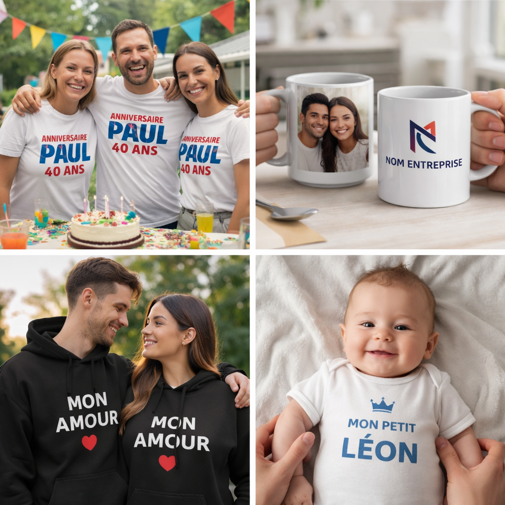 Créations clients : t-shirts personnalisés, mugs imprimés, sweats personnalisés et body bébé